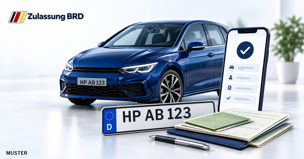 Online Fahrzeugzulassung in Lorsch: Musterkennzeichen HP AB 123, Auto und Fahrzeugpapiere und Smartphone. Illustration mit Logo von Zulassung BRD.
